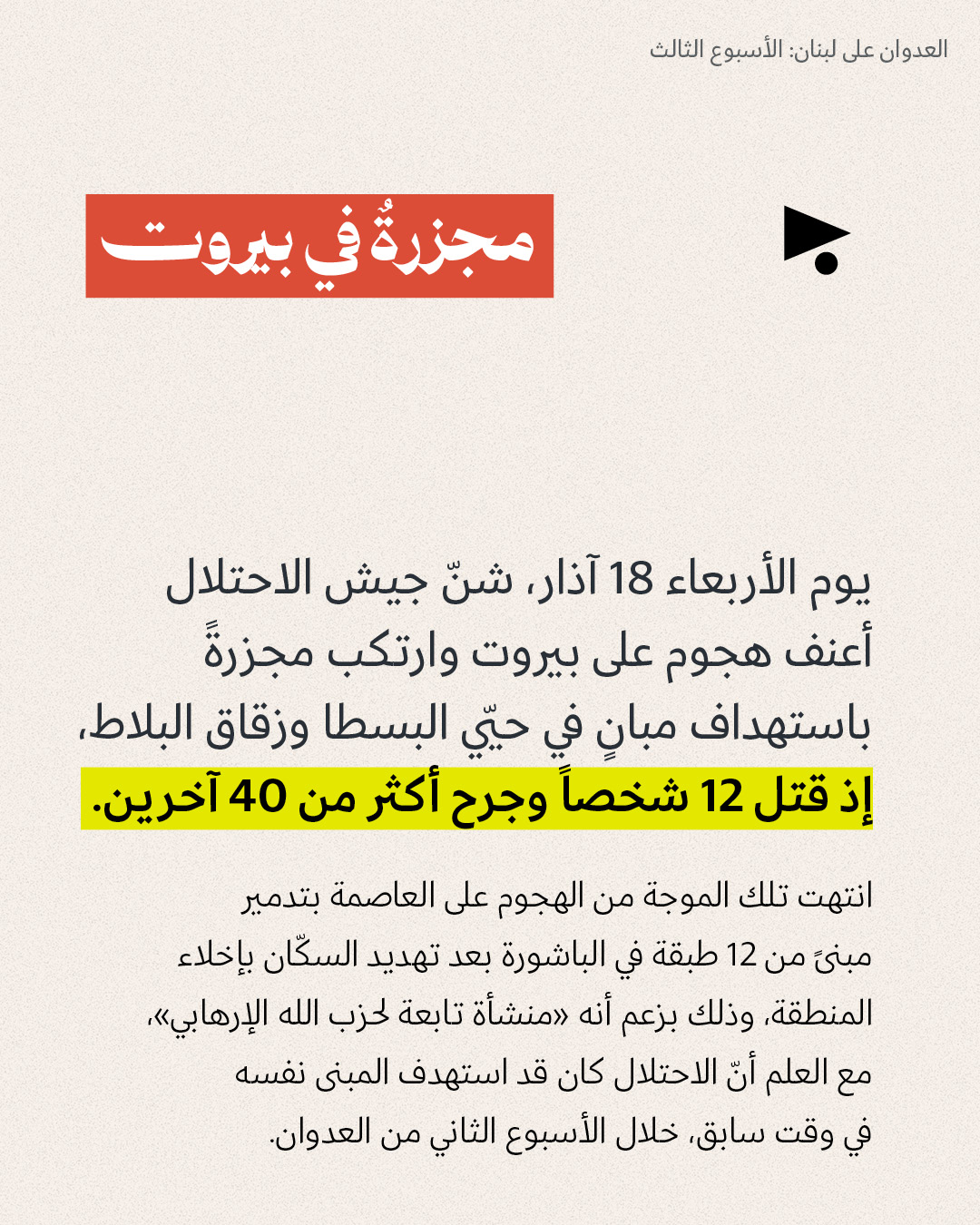 <strong>العدوان على لبنان: الأسبوع الثالث 16 - 22 آذار 2026</strong>