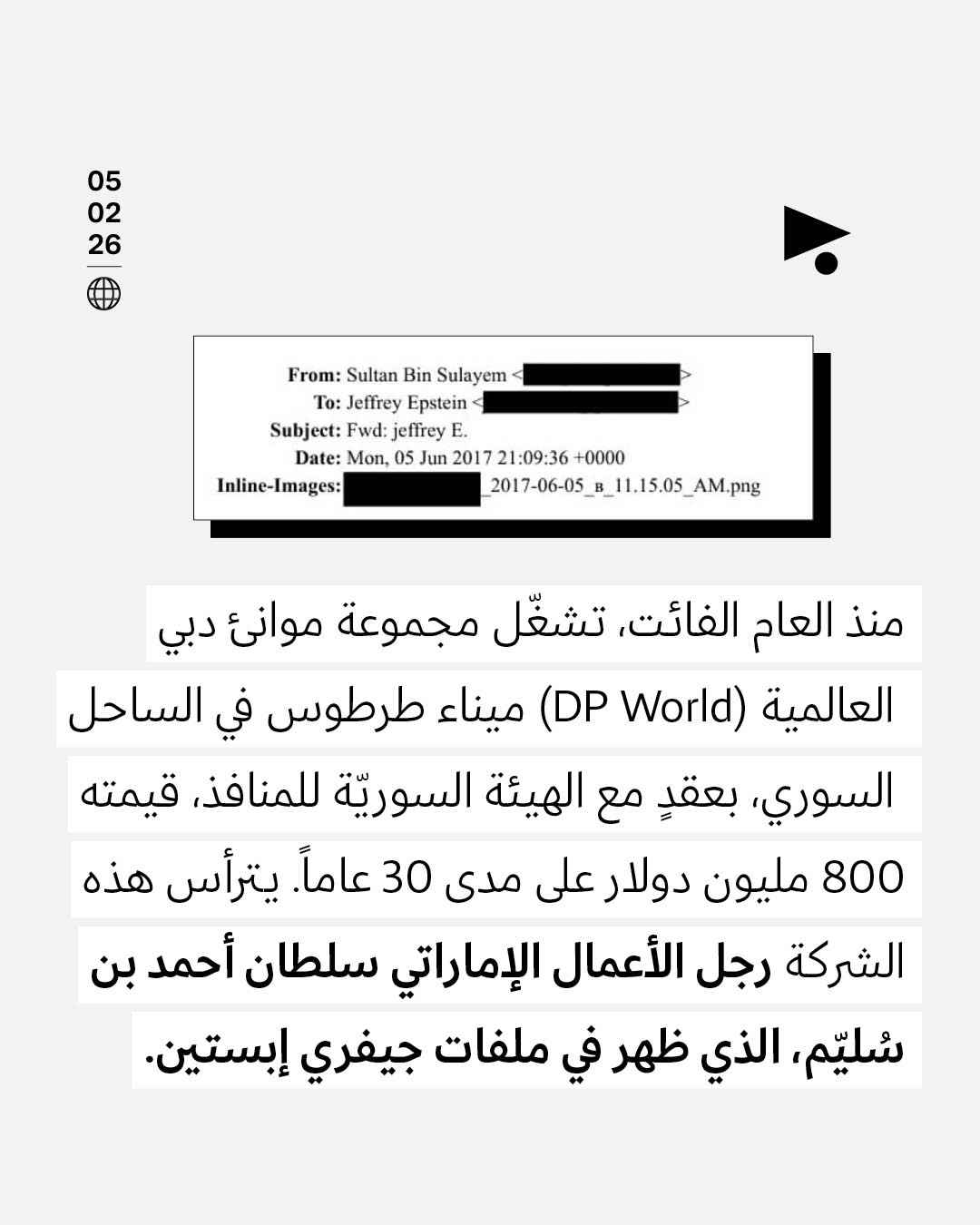 <strong>الإماراتي سلطان أحمد بن سُليّم المتورّط بملفّات إبستين يشغّل ميناء طرطوس</strong>
