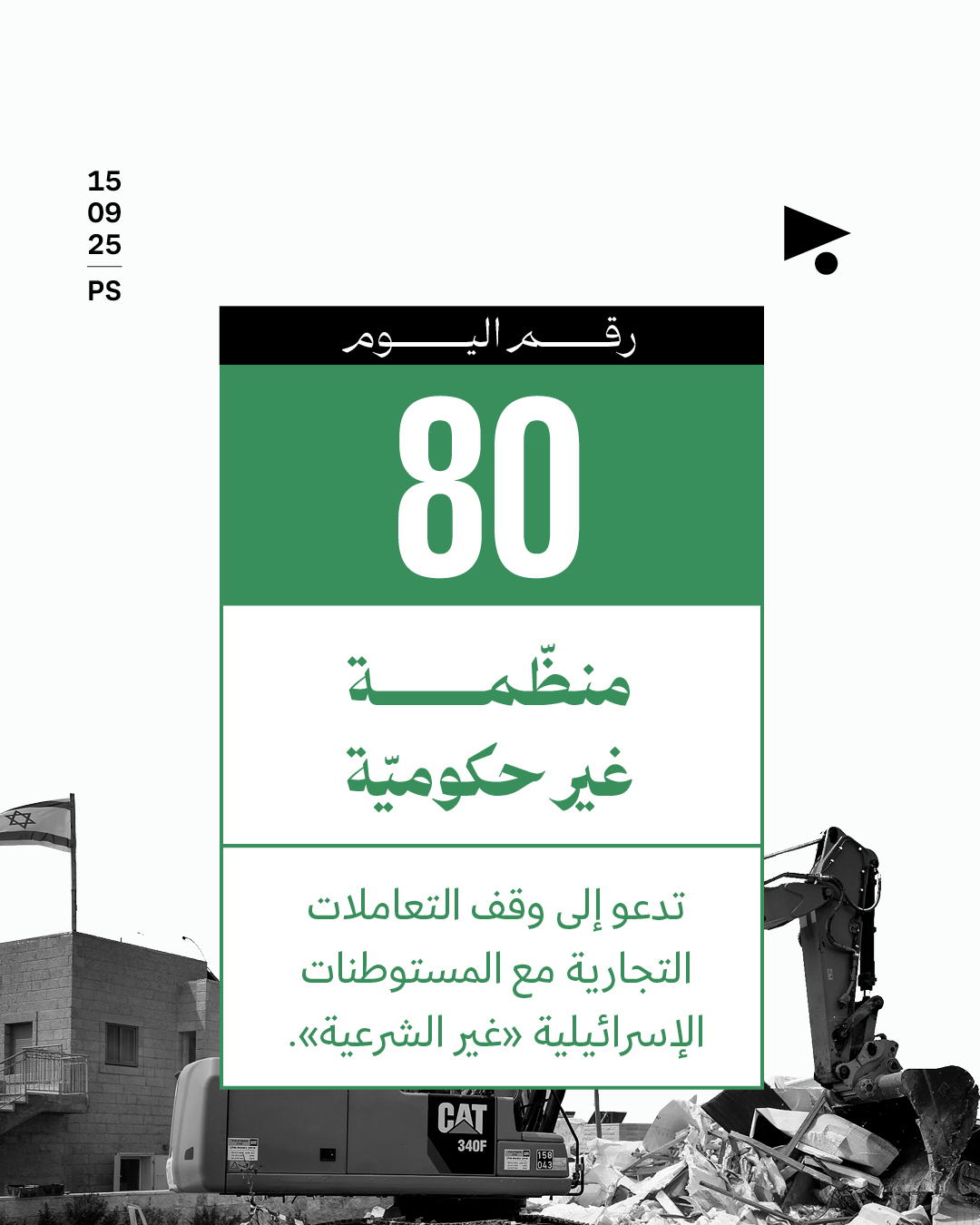  80 منظّمة غير حكوميّة تدعو إلى وقف التعاملات التجارية مع المستوطنات الإسرائيلية «غير الشرعية».