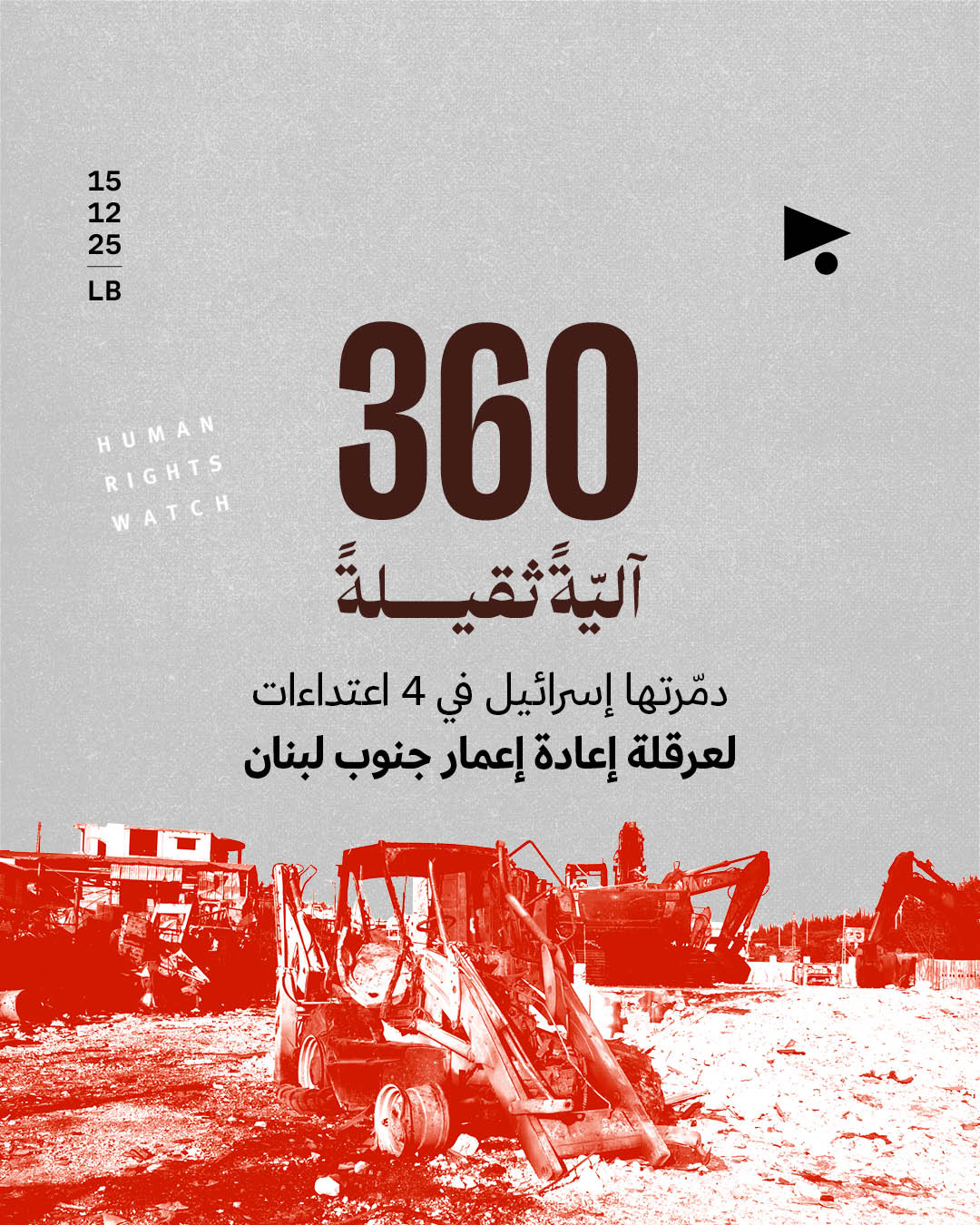 هيومن رايتس ووتش: استهداف مرافق إعادة الإعمار في الجنوب جريمة حرب