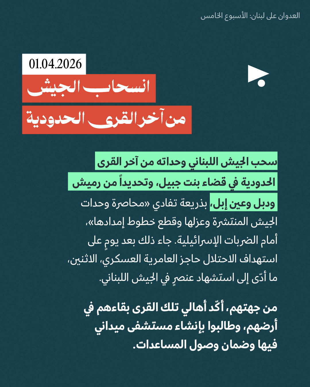 <strong>العدوان على لبنان: الأسبوع الخامس 30 آذار - 5 نيسان</strong>