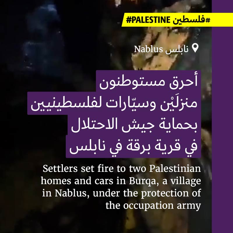 مستوطنون يحرقون ممتلكات الفلسطينيّين في نابلس برعاية جيش الاحتلال 