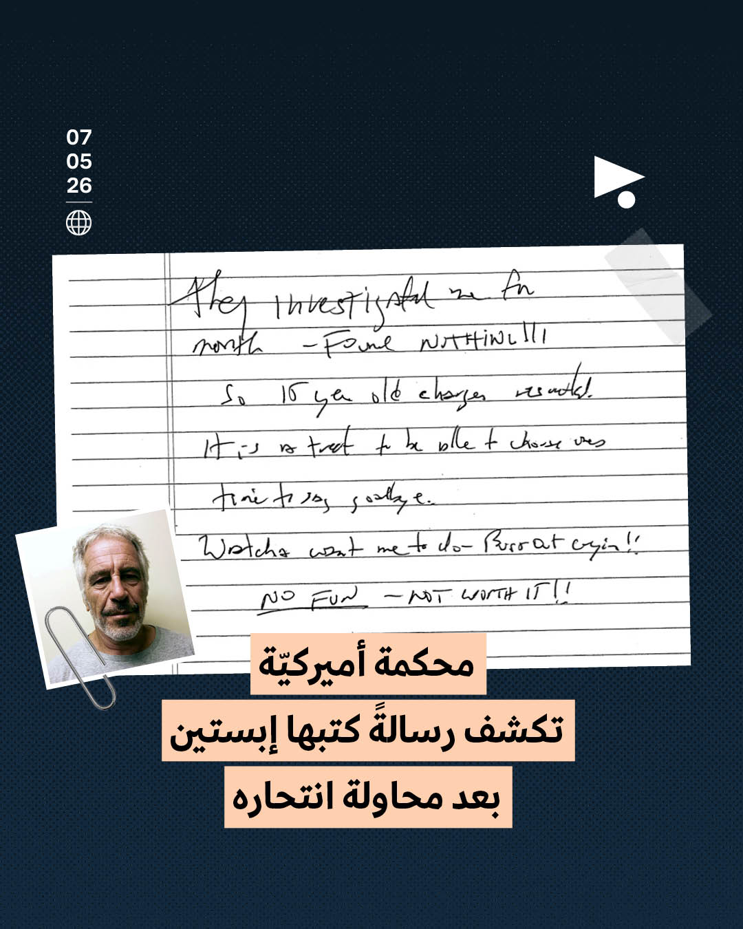 محكمة أميركيّة تكشف رسالةً كتبها إبستين بعد محاولة انتحاره 