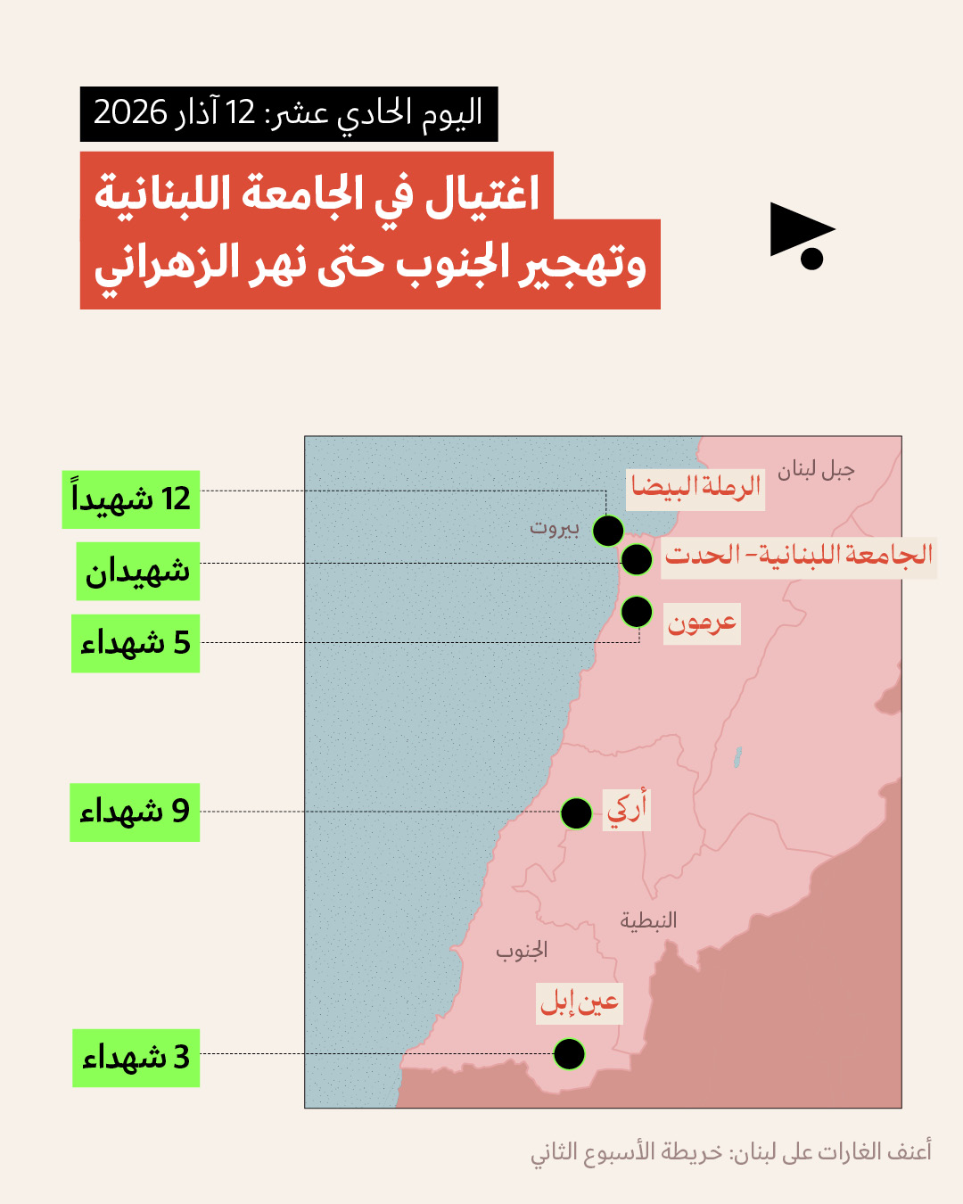 <strong>أعنف الغارات على لبنان: خريطة الأسبوع الثاني  9 - 15 آذار 2026 </strong>