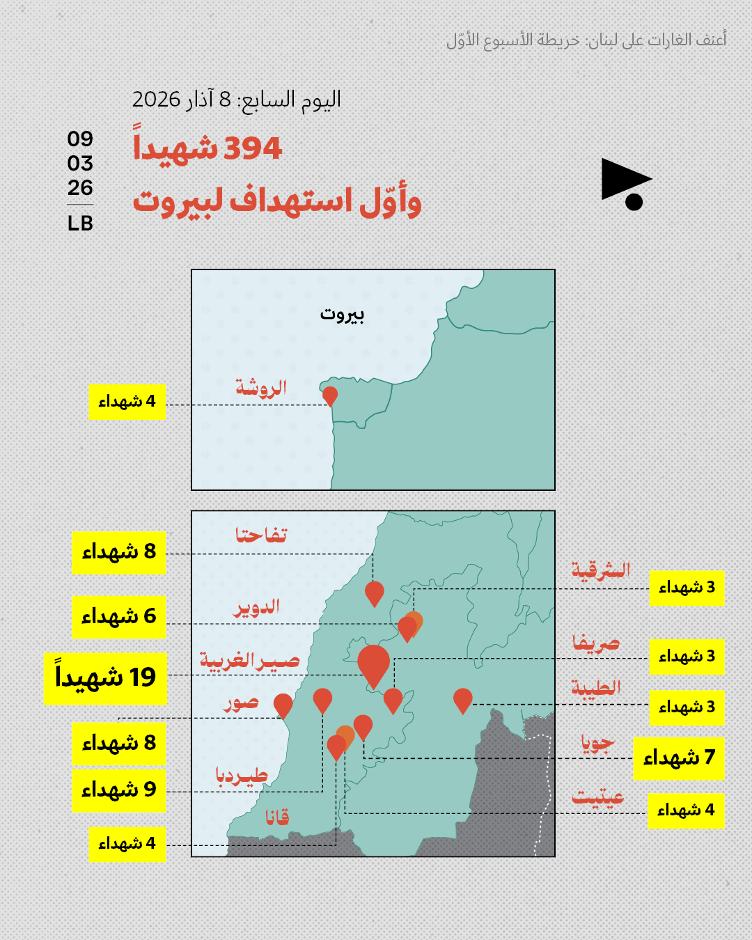 <strong>أعنف الغارات على لبنان: خريطة الأسبوع الأوّل 2 - 8 آذار 2026 </strong>