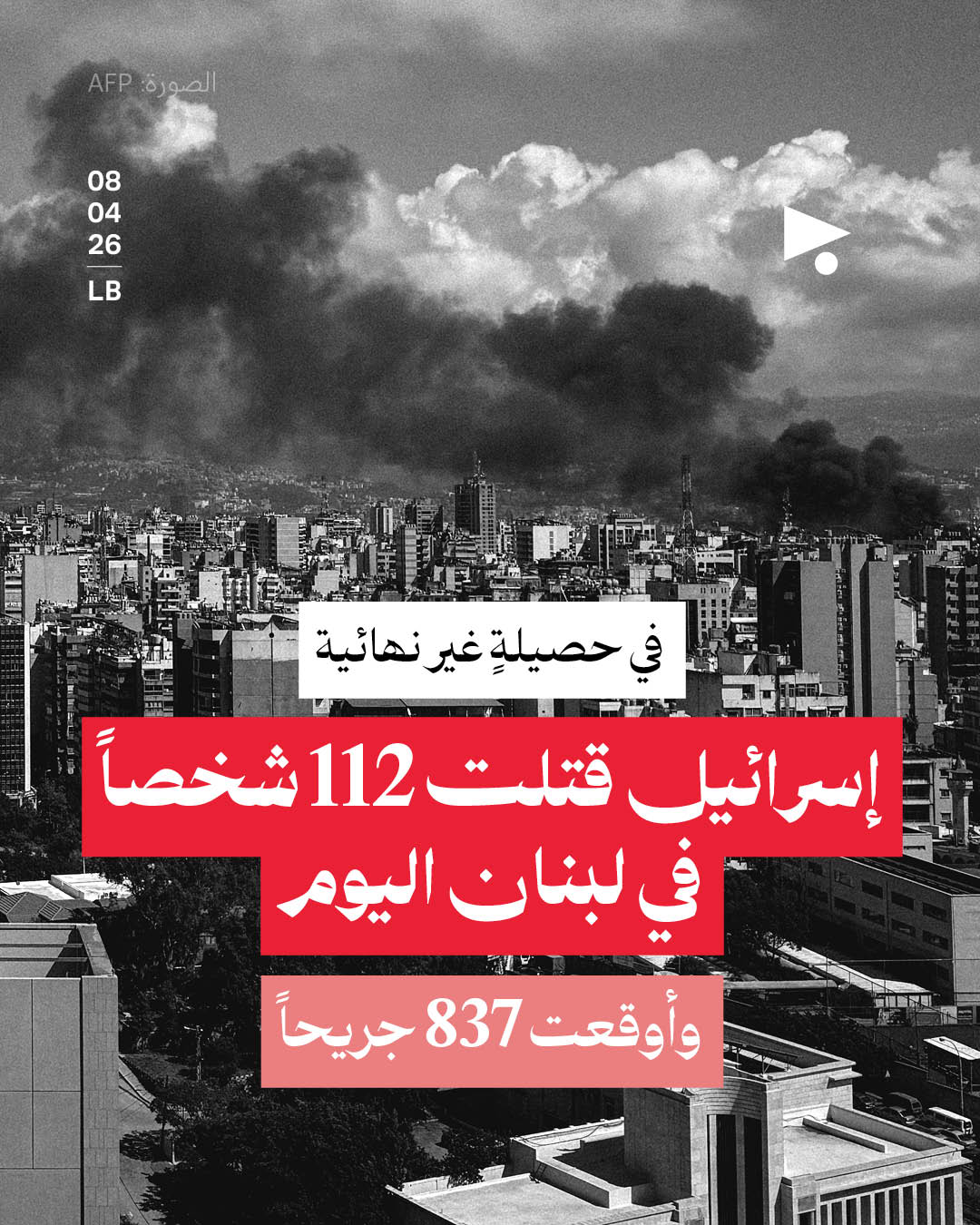 إسرائيل قتلت 112 شخصاً في لبنان اليوم وأوقعت 837 جريحاً