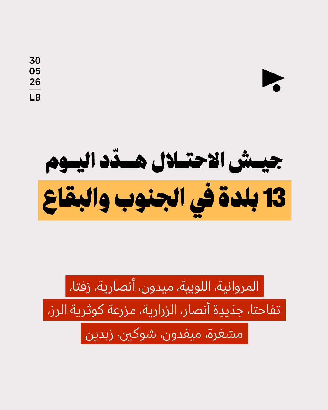جيش الاحتلال هدّد اليوم 13 بلدة في الجنوب والبقاع