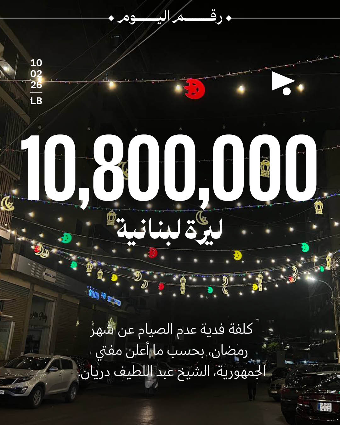 10,800,000 ليرة لبنانية: كلفة فدية عدم الصيام عن شهر رمضان، بحسب ما أعلن مفتي الجمهورية، الشيخ عبد اللطيف دريان