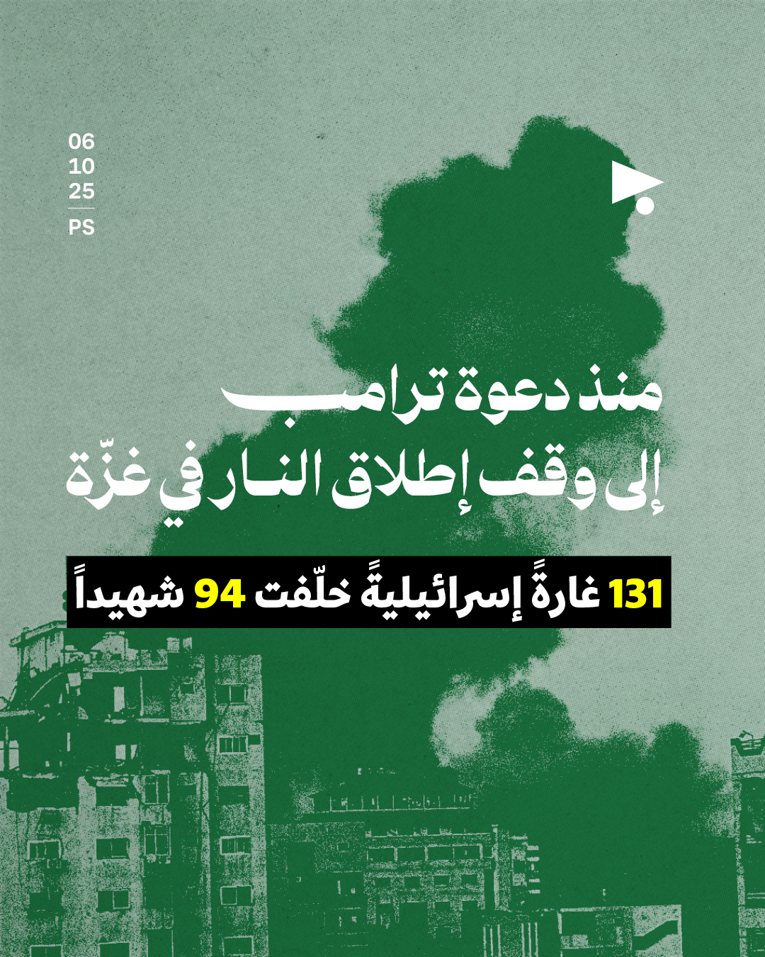 منذ دعوة ترامب إلى وقف إطلاق النار في غزّة: 131 غارةً إسرائيليةً خلّفت 94 شهيداً